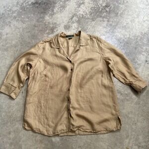 Ralph Lauren Shirt Womens Size‎ 1X Tan Collared Linen Button Up 3/4 Sleeve